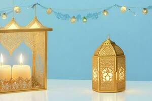 AI generated Celebration of islamic eid mubarak and eid al adha lantern background and banner Design. Pro Photo