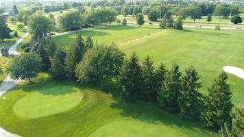 Flying over the golf course and people on the golf course playing golf. Active men playing golf on a sunny summer day. Aerial view. video