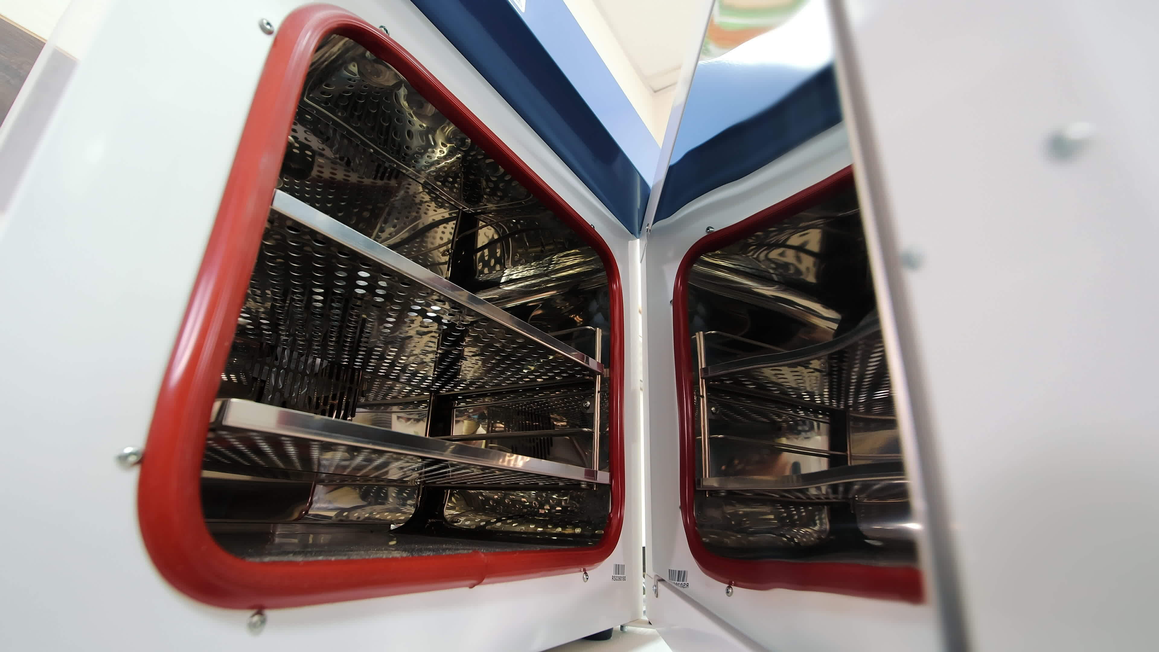 Open Sterilization Autoclave with Surgical Instruments, View inside an