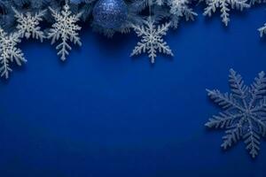 AI generated Blue background. Merry Christmas and New Year banner with Copy space. Pro Photo