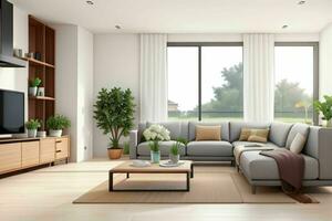 AI generated 3d rendering Interior of modern living room panorama. Pro Photo