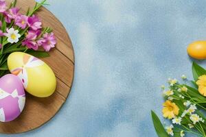 AI generated Easter egg day concept background with copy space spring leaves and flowers. Pro Photo