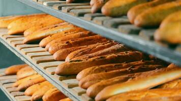 horneado, rubicundo baguettes, pan, bollos, mentira en un de madera estante en un panadería. panadería horneando concepto. cerca arriba video