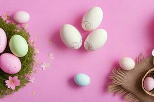 AI generated Easter egg day concept background with copy space spring leaves and flowers. Pro Photo