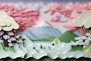 AI generated Japanese nature and landscape paper cut. Pro Photo