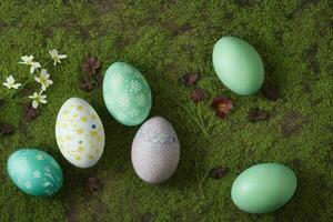 AI generated Easter egg day concept background spring leaves, branches, and flowers with copy space. Pro Photo