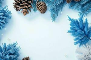 AI generated Blue background. Merry Christmas and New Year banner with Copy space. Pro Photo