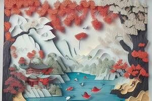 AI generated Paper cut style Chinese nature and landscape. Pro Photo