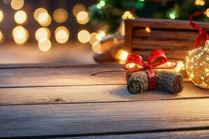 AI generated wood table in front of christmas light night, abstract circular bokeh background. Pro Photo