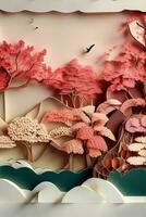 AI generated Japanese nature and landscape paper cut. Pro Photo