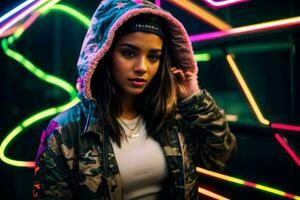 AI generated Street fashion young america girl with neon light and shadow play photo