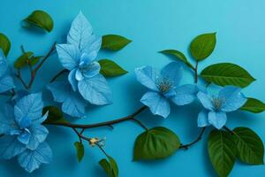 AI generated Blue spring leaves, branches, and flowers background. Pro Photo