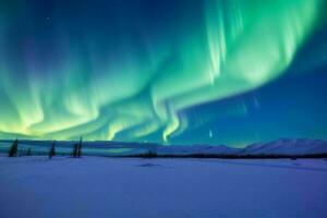 AI generated landscape photography of Aurora borealis in the sky background. Pro Photo