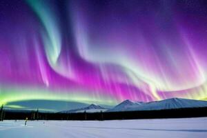 AI generated landscape photography of Aurora borealis in the sky background. Pro Photo