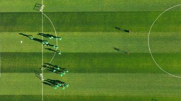 football formation session de au-dessus de, Haut vue de football joueurs sur vert champ pendant formation session, entouré par des arbres. video