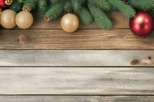 AI generated christmas background on rustic wooden table. Pro Photo