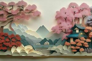 AI generated Japanese nature and landscape paper cut. Pro Photo