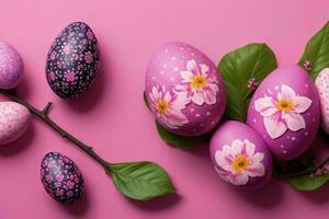 AI generated Easter egg day concept background spring leaves, branches, and flowers with copy space. Pro Photo