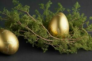 AI generated Easter egg day concept background spring leaves, branches, and flowers with copy space. Pro Photo