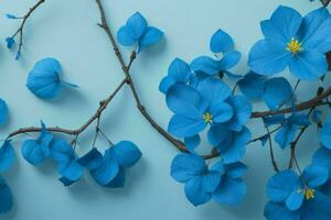 AI generated Blue spring leaves, branches, and flowers background. Pro Photo