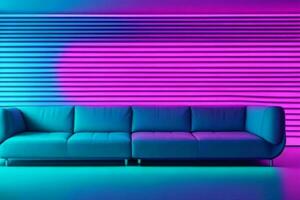 AI generated empty neon light wall minimalist room interior with sofa on the middle with copy space. Pro Photo