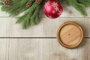 AI generated christmas background on rustic wooden table. Pro Photo