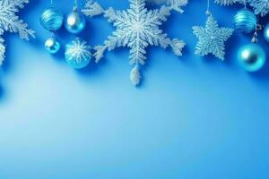 AI generated Blue background. Merry Christmas and New Year banner with Copy space. Pro Photo