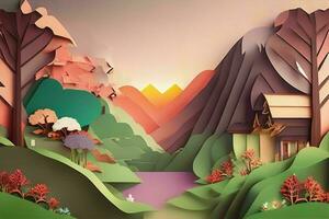 AI generated nature and landscape background paper cut style. Pro Photo