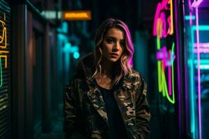 AI generated Young beautiful woman hip hop style with neon light at street photo