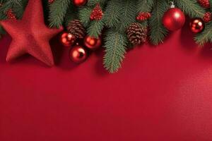 AI generated Red background. Merry Christmas and New Year banner with Copy space. Pro Photo