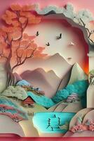 AI generated Paper cut style Chinese nature and landscape. Pro Photo