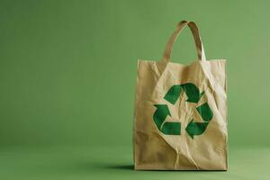 AI generated Paper bag with a recycle symbol on green background photo