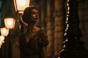 AI generated woman in a vintage dress standing in the soft glow of a streetlamp at night photo