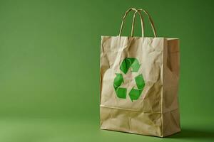 AI generated Paper bag with a recycle symbol on green background photo