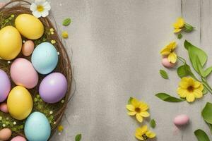 AI generated Easter egg day concept background with copy space spring leaves and flowers. Pro Photo