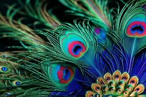 AI generated Peacock vibrant feather texture wallpaper background. Pro Photo