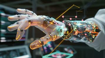 AI generated Android Artificial Intelligence robot in Big Data Facility services operations in a big server farm photo