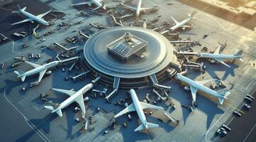 AI generated Aerial view international airport terminal, planes departing to multiple international locations photo