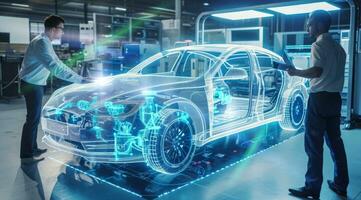 AI generated Team of engineers, visualization of future vehicle prototype 3D modeling in car production factory photo