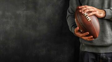 AI generated American football sport banner with copyspace. Athlete holding ball in his hands photo