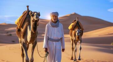 AI generated Camel rider with camels travelling over dunes in the desert photo