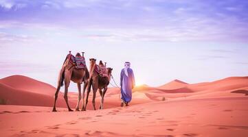 AI generated Camel rider with camels travelling over dunes in the desert photo
