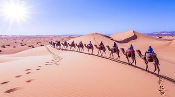 AI generated Caravan travelling over dunes in the desert photo