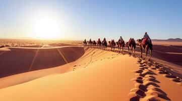 AI generated Caravan travelling over dunes in the desert photo