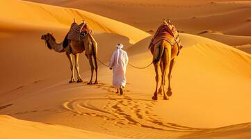 AI generated Camel rider with camels travelling over dunes in the desert photo