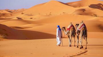 AI generated Camel rider with camels travelling over dunes in the desert photo