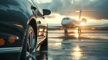 AI generated Successful businessman car in front of private airplane ready for luxury business corporate travel photo