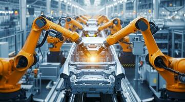 AI generated Car factory conveyor belt assemblance line production with robots and artificial intelligence photo