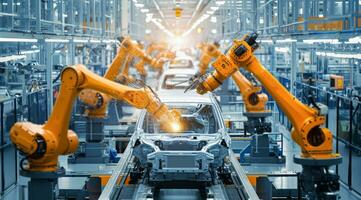 AI generated Car factory conveyor belt assemblance line production with robots and artificial intelligence photo