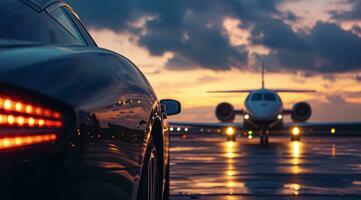 AI generated Successful businessman car in front of private airplane ready for luxury business corporate travel photo